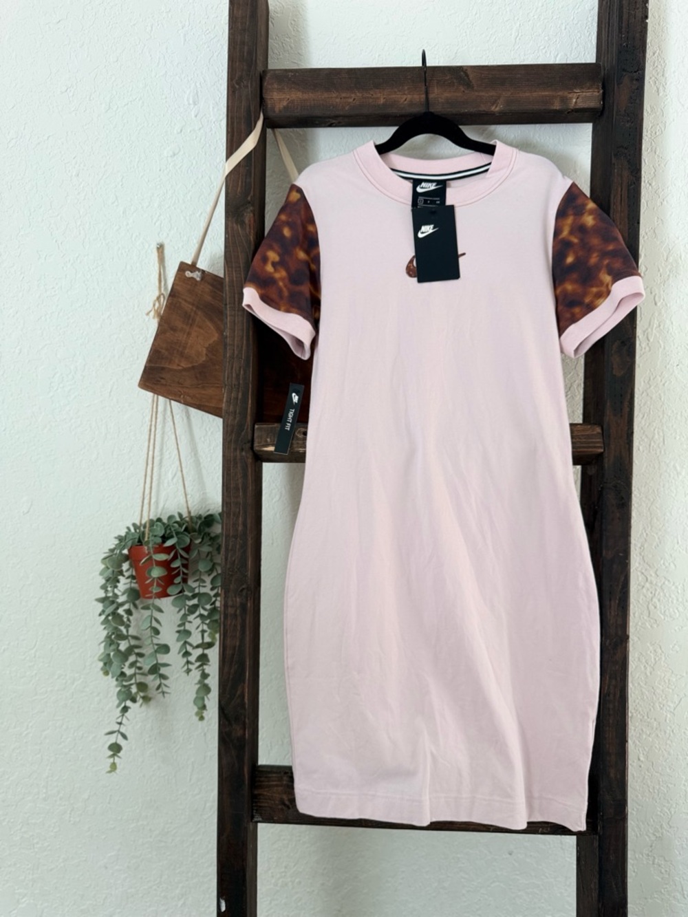 Nike Light Pink Tee Dress with Brown Tie-Dye Sleeves | Cotton | NWT